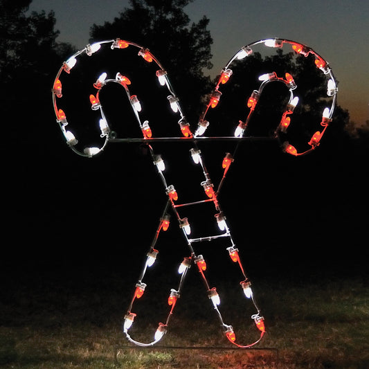 Candy canes, red, white, giant, life-size, commercial-grade, outdoor, Christmas, holiday, LED, bulb, lights, aluminum frame, quality, durable, motif, display, 2021