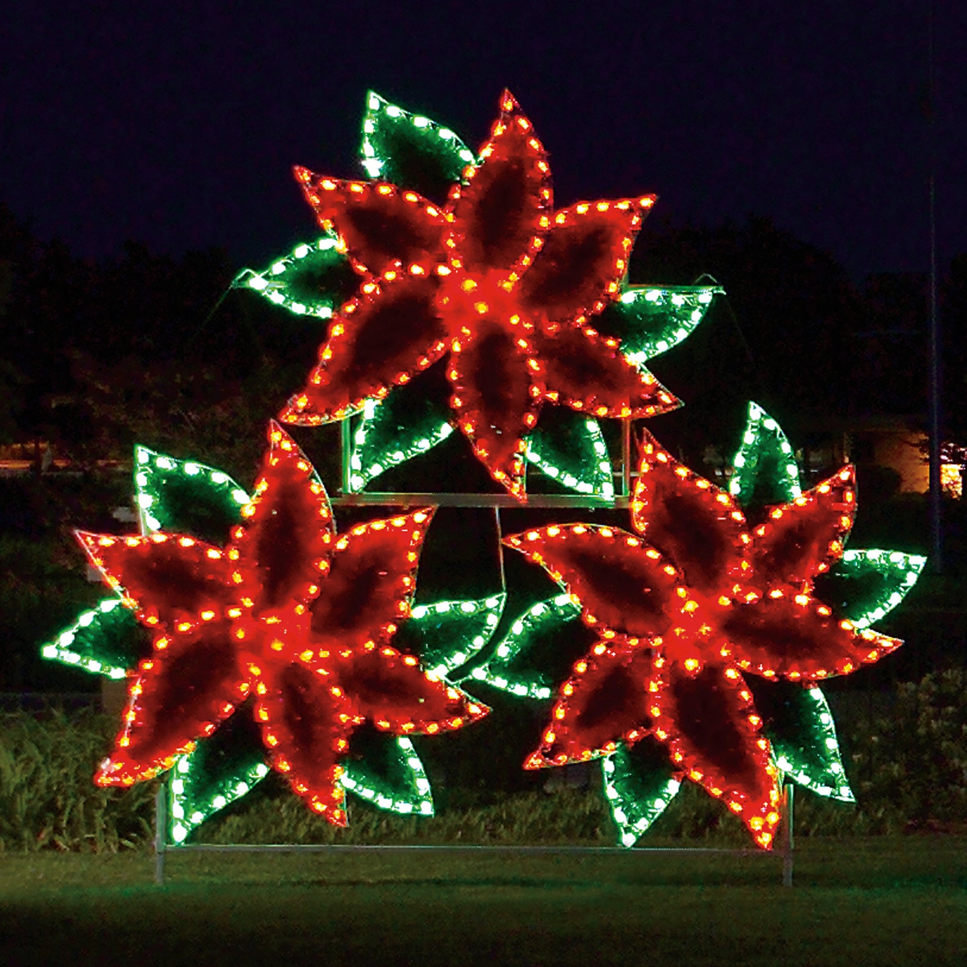 Life sized, Christmas holiday outdoor motif, commercial grade, poinsettia, cluster, red, green, LED, bulbs, 2021