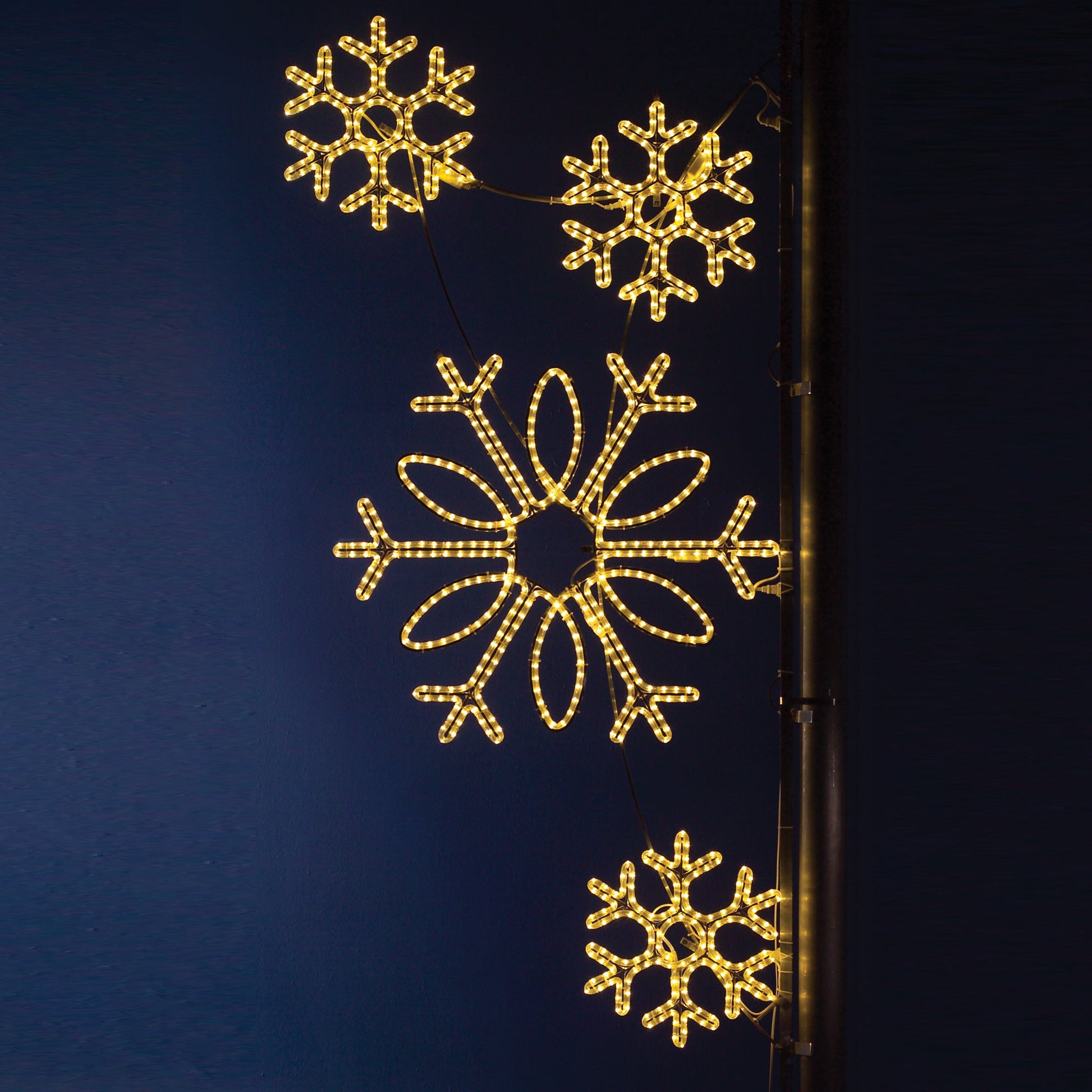 large, commercial-grade, outdoor, Christmas, holiday, LED, rope light, quality, durable, motif, decoration, snowflake, pole, mounted, 2021, warm white, snowflakes